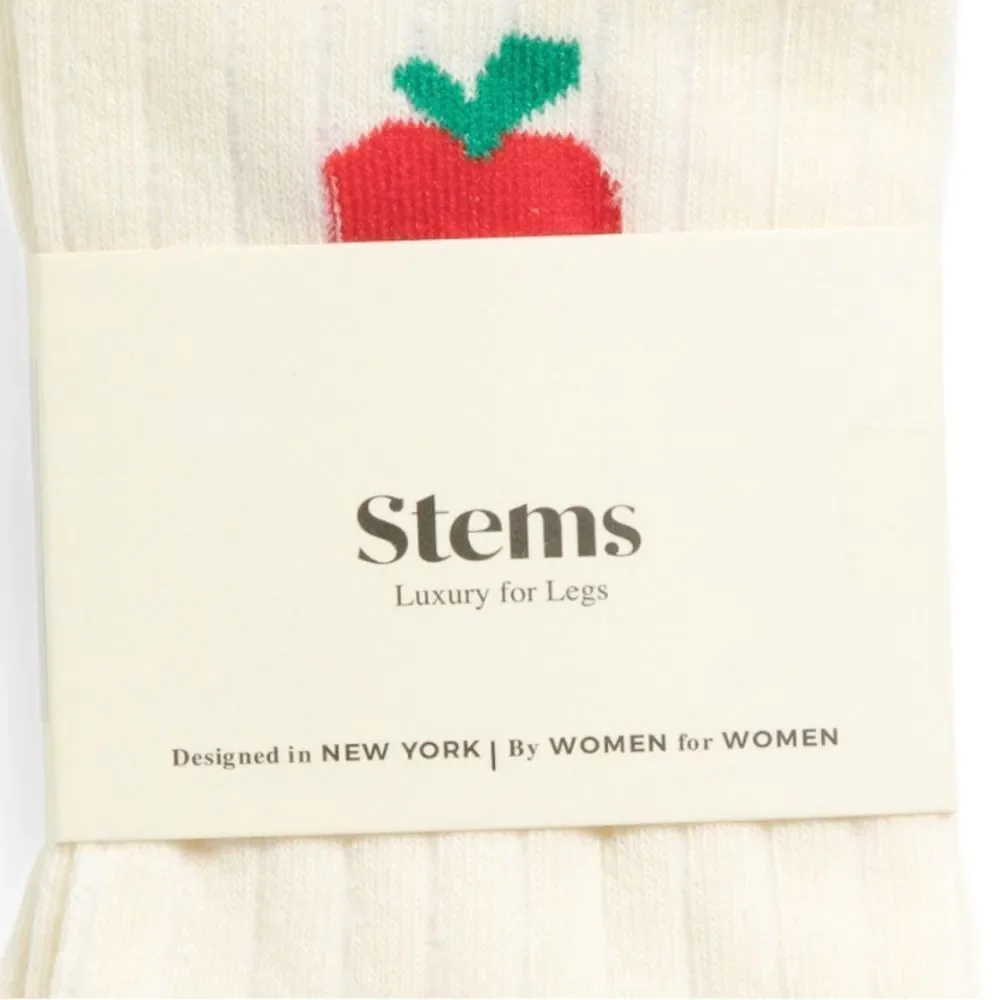 Stems 1 Pair Ivory Red Green Apple Print Cotton Blend Stretch Knit Crew Socks